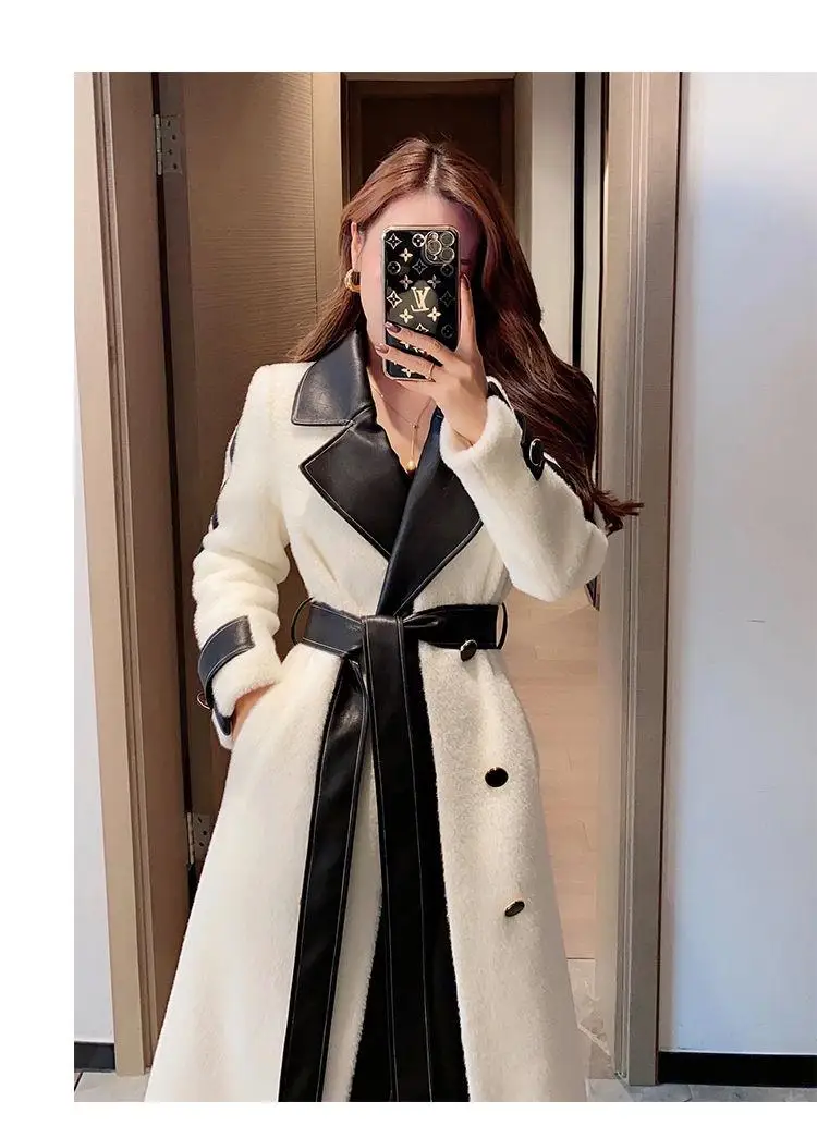 Autumn Winter Chic Woolen Coat Women Patchwork Long Jackets with Belt Lapel Korean Fashion Female Outerwear New Soft Overcoat