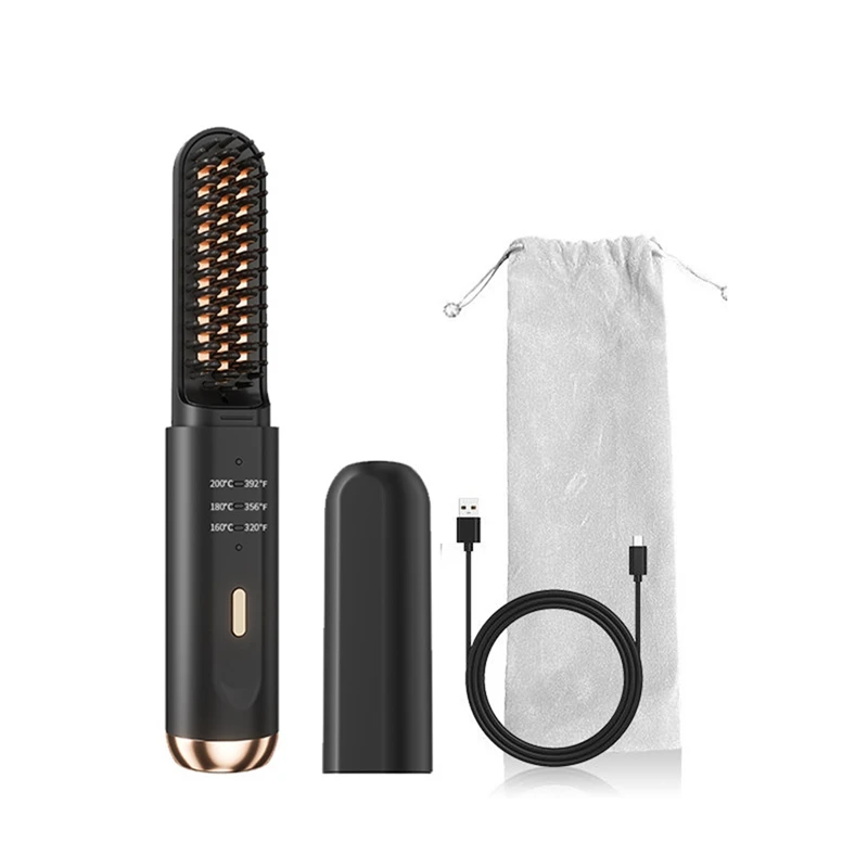 Multifunctional Cordless Hair Straightener Brush Fast Heated Straightener Brush Negative Ions Electric Hot Comb Hair (Black) 3