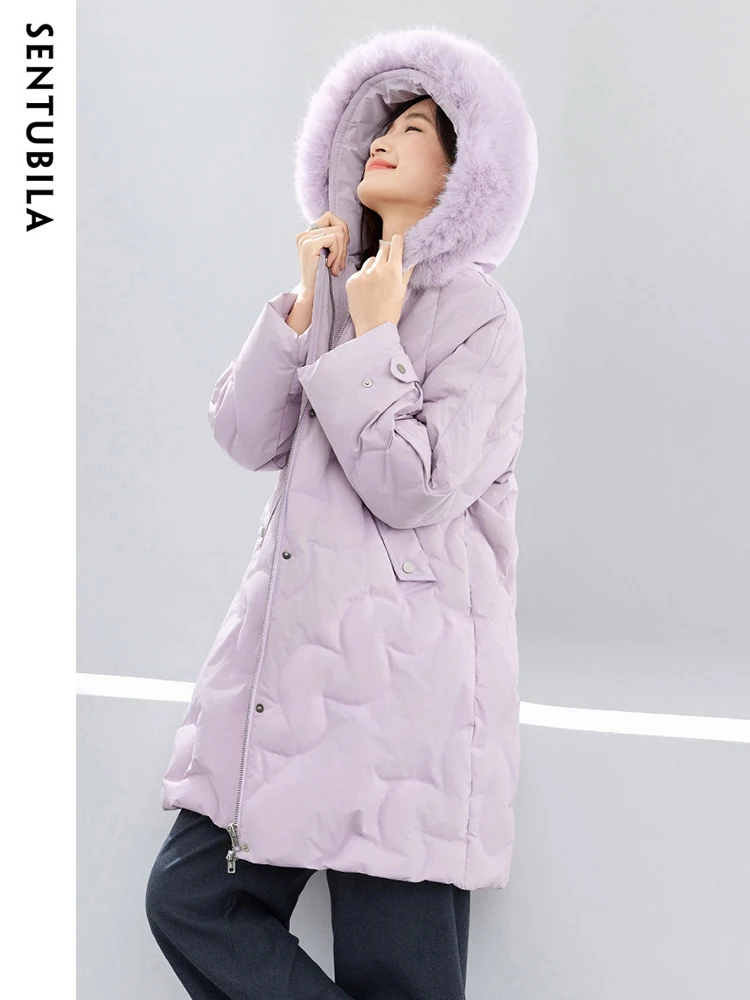 SENTUBILA Women's 90 White Duck Down Jacket 2024 Winter Hooded Loose Warm Puffer Jacket Female Midi Sweet New Outwear W34Y50770