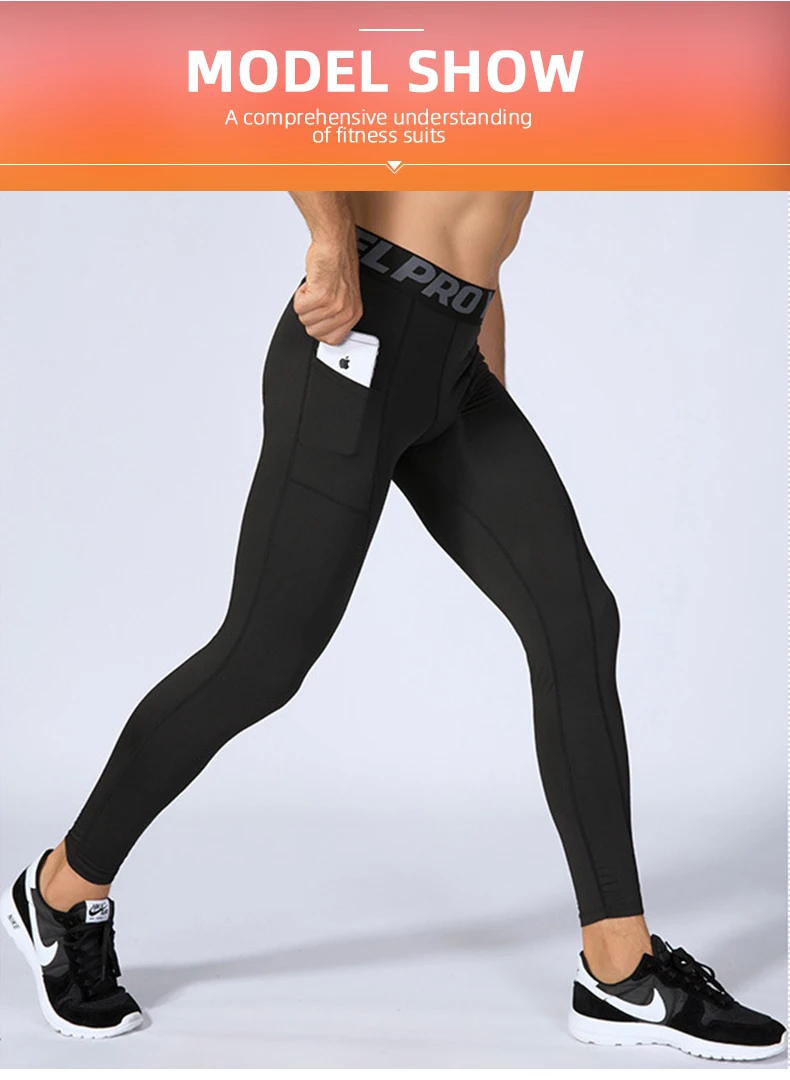 Description Picture 6 of itemMen Polyester Four Way Stretch Basketball Training Leggings Moisture Wicking Fitness Compression Jogging Yoga Pant with Pocket