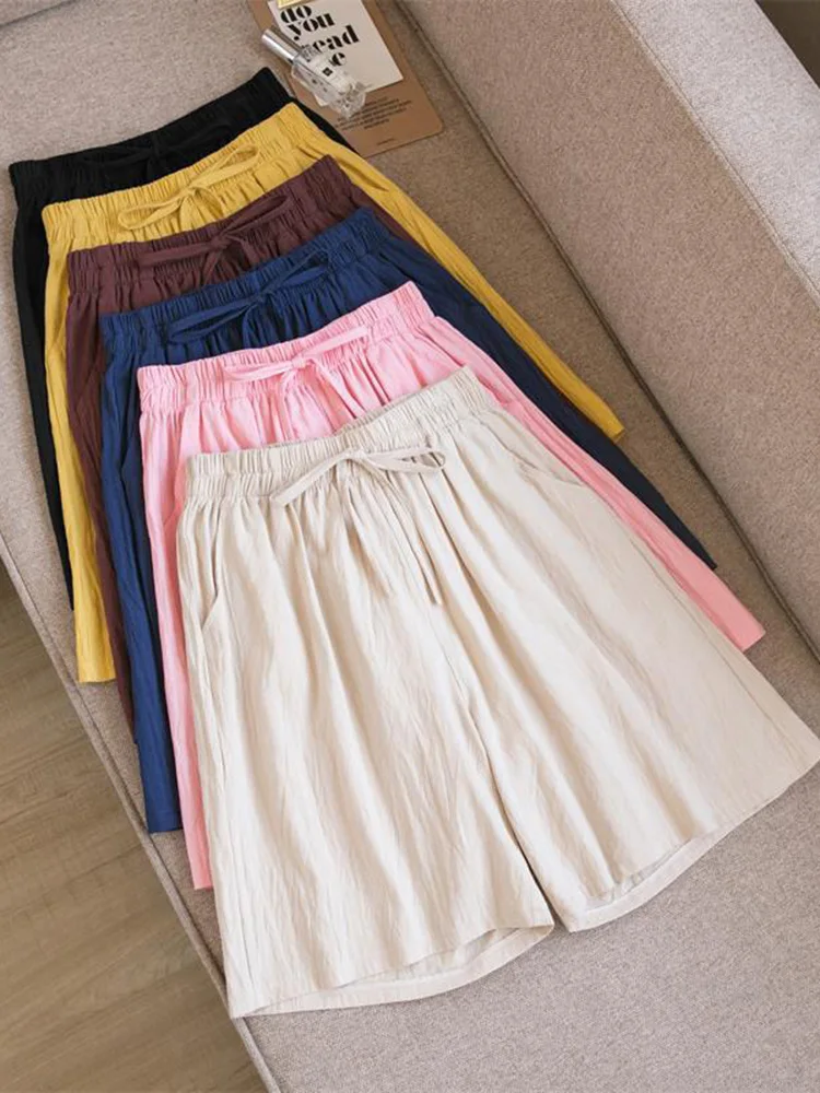 2023 Women Cotton shorts Summer Casual Solid Two Pockets shorts high waist loose shorts for girls Soft Cool female shorts