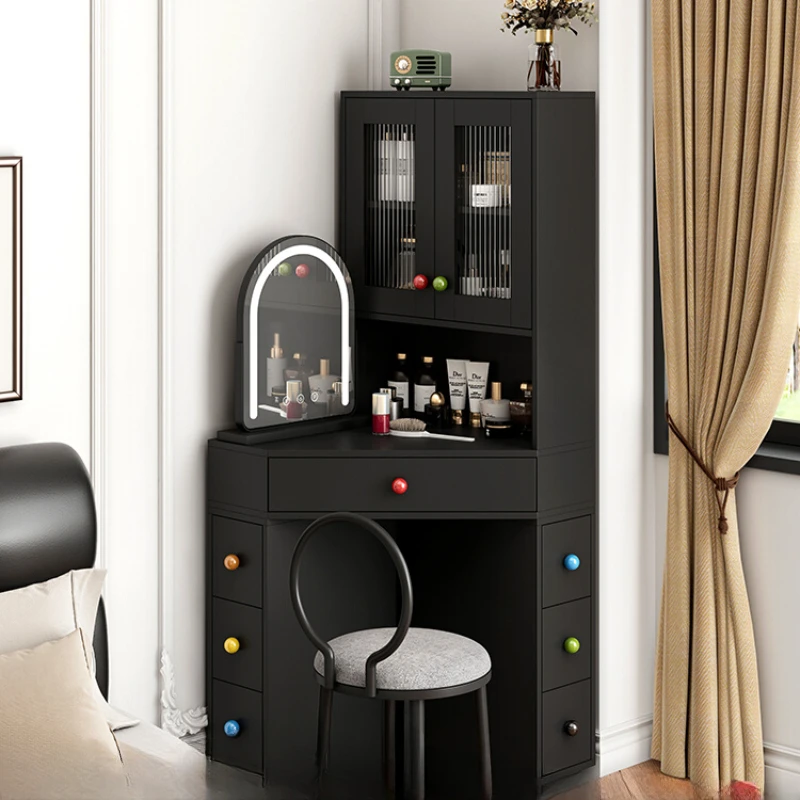 

Luxury black corner dresser, small apartment, bedroom corner, triangle makeup table, bedside makeup storage table