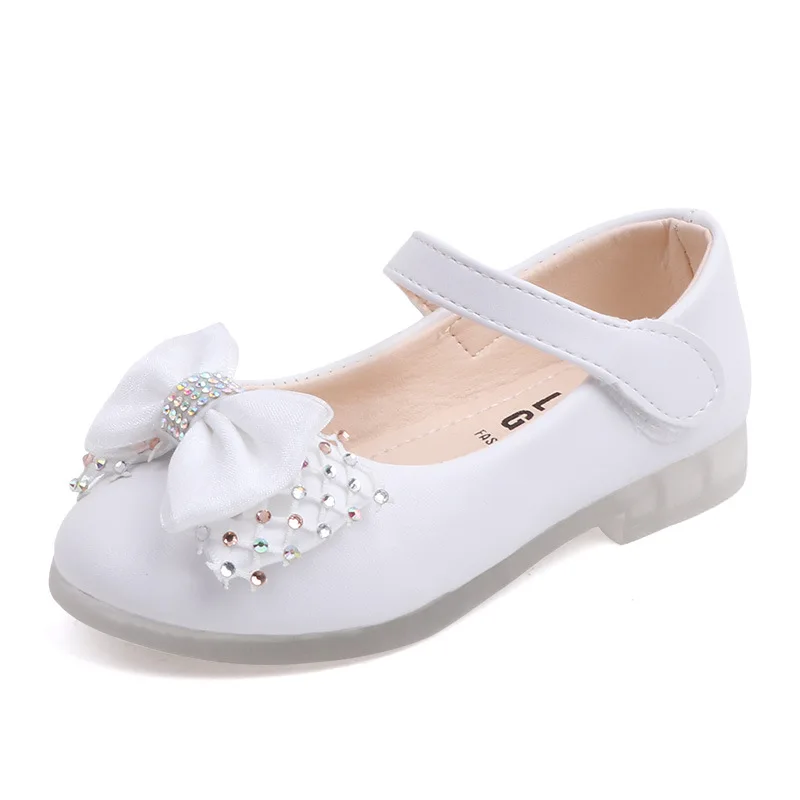 White Leather Shoes Girls Shoes Girls Flats for Girls Kids Wedding Dress Shoes Bow-knot Bowtie Sweet Crystal Children's Leather Flats Toddlers Girls 22-31