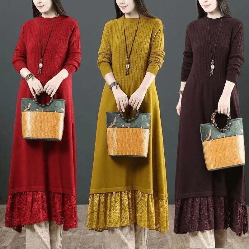 

Female Clothing Solid Color Knitted Long Dress Fall Winter Vintage Lace Patchwork All-match A-Line Waist Casual O-Neck Dresses