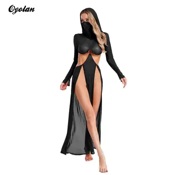 Women Sheer Dress with Hooded Face Mask Maxi High Slit Sexy Mesh Dress Long Sleeves Hollow Out Sheer Dress Cover Up Swimwear 1