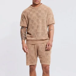 Leisure Men's Knit Clothing Solid Hollow Out Casual Two Piece Suits 2023 Spring Summer Men Fashion O Neck T Shirt And Short Sets