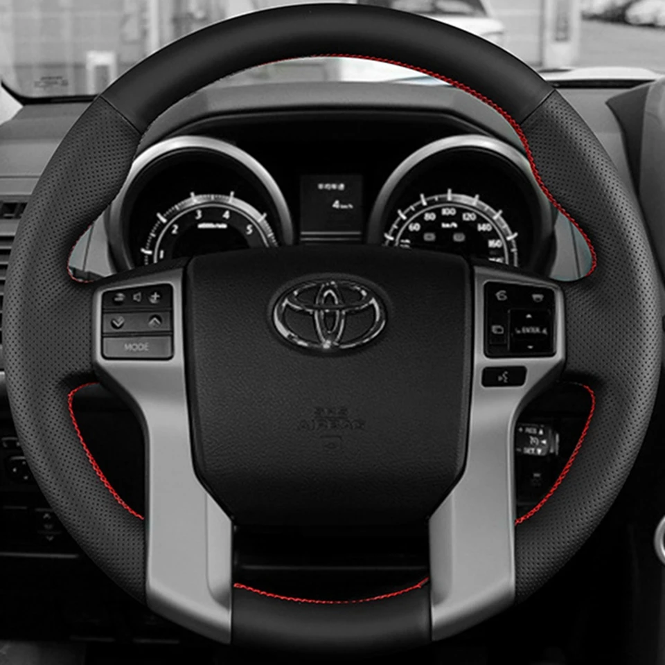 Handgenähter Auto-Lenkradbezug aus schwarzem Mikrofaser-Leder für Toyota Land Cruiser Prado Land Cruiser Tacoma Tundra – Detail 1