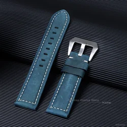 Vintage Matte Genuine Leather Watchband Bracelet - Black, Blue, Brown - 26mm (Blue)