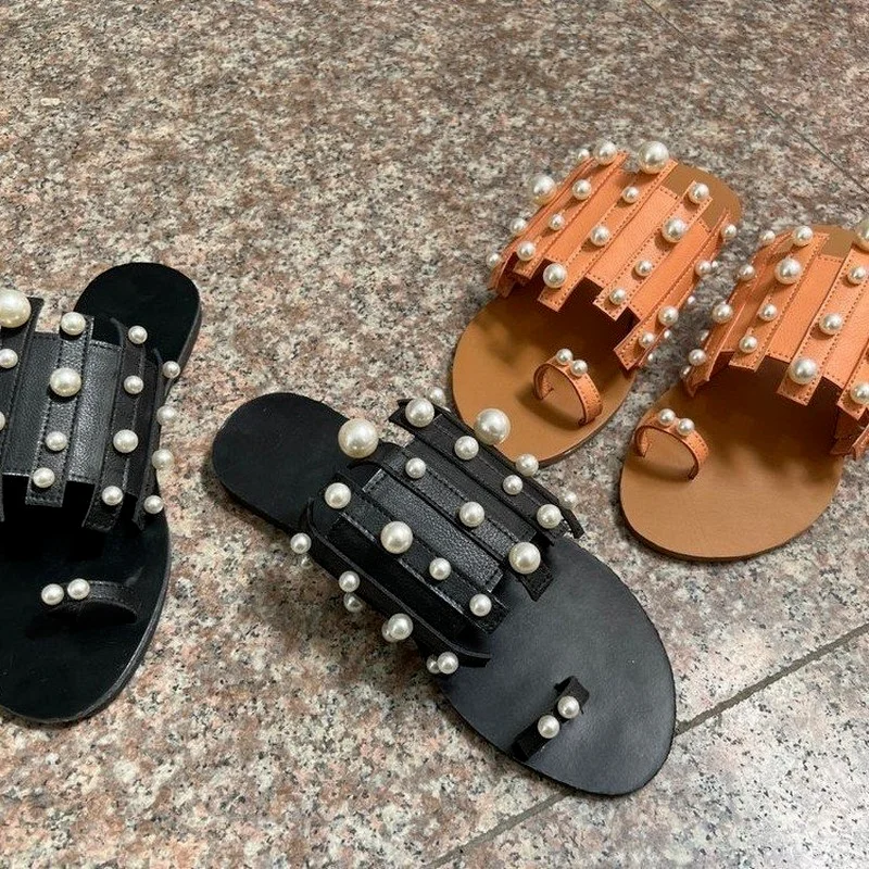 

2022 New Women Slippers Summer Pearl Women Slides Flat Casual Outside Women Beach Leather Slippers Large Size 36-43 Women Shoes