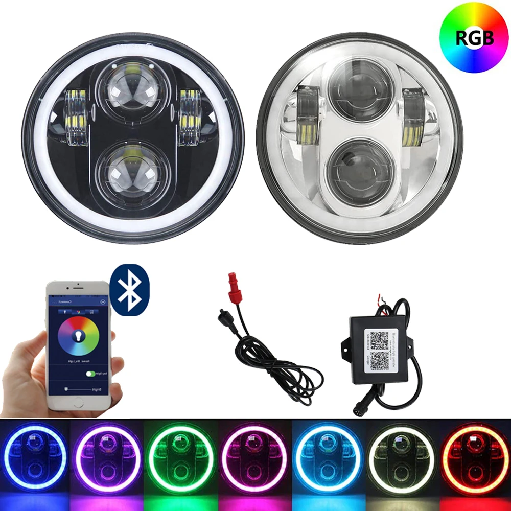 

5.75" RGB Halo LED Headlight Black Chrome For Motorcycle 5 3/4 inch LED Headlamps With DRL Multicolor Angel Eyes With Function