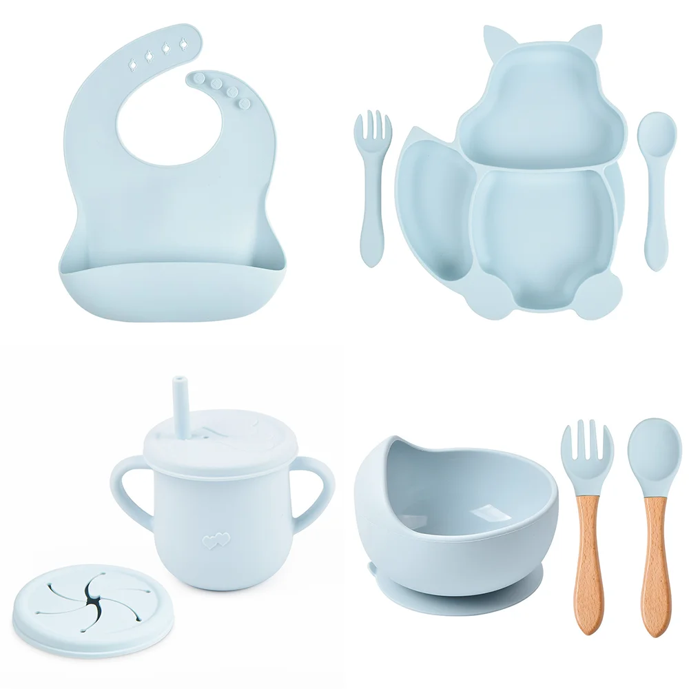 Silicone Meal Set Silicone Feeding Set Baby Tableware Set 4/6/8Pcs Baby Soft Silicone Suction Cup Bowl Dinner Plate Cup Bib Spoon Fork Set Anti-Slip Cutlery For Kids Feeding Dinner Plate