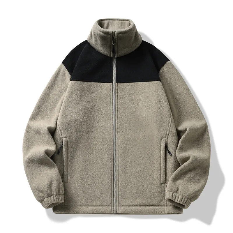 Autumn Winter Men's Fleece Coat Color Matching Standing Collar Breathable Windproof Warm Outdoor Mountain Climbing Jacket