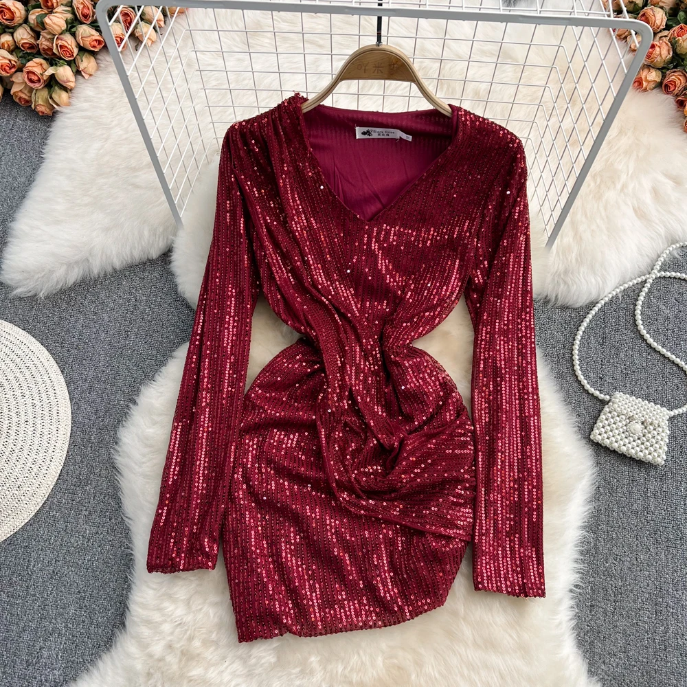 

2022 Spring Fashion Temperament Feminine Sexy Glittering Sequin V-neck Slim Hip Wrap Dress