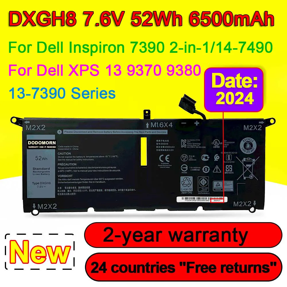 

Аккумулятор для ноутбука DXGH8 для DELL XPS 13 9370 9380 7390 для dell Inspiron 7390 2 в 1 7490 G8VCF H754V 0H754V 7,6 V 52WH 6500mAh