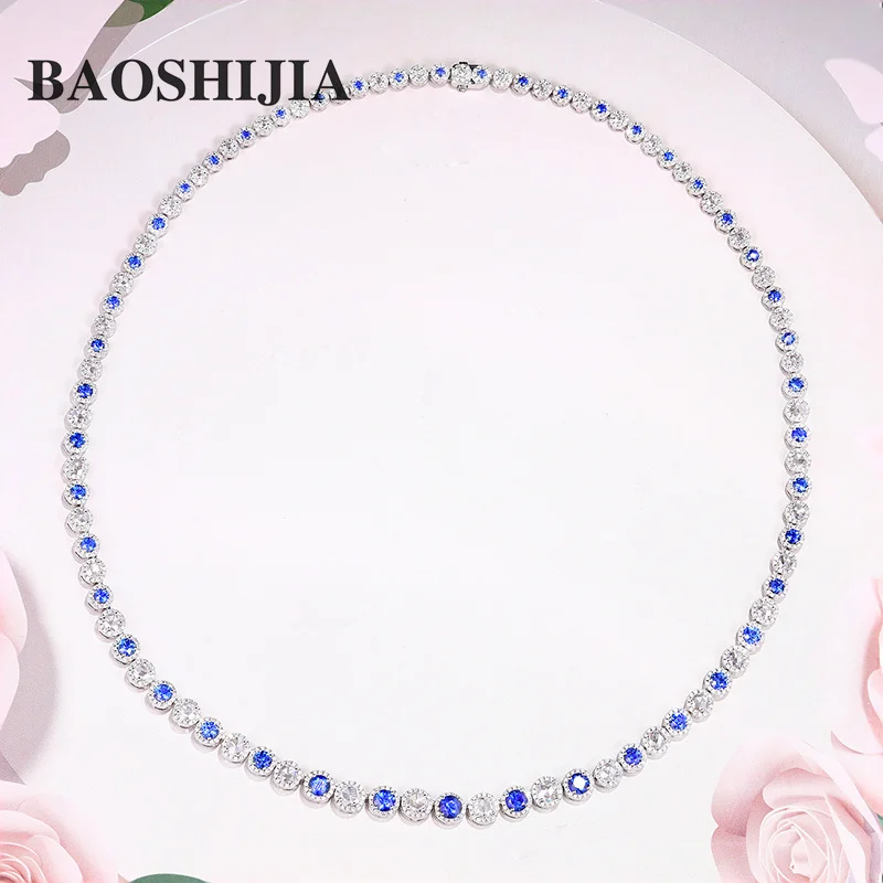 BAOSHIJIA Fashion Solid 18K White Gold Genuine Sapphires Necklace Elegant Natural Diamonds Jewelry Chain Polish Shank