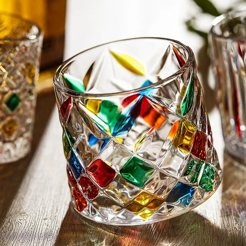 Rotating Crystal Whiskey Glasses With Wooden Coaster Tray Colored Glass Cup High Appearance Colored Stress Relief Glass Cup