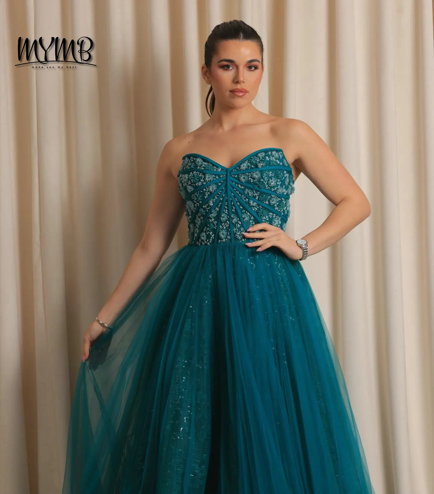 MYMB neue Grüne A-Line Spitze Criss-cross Stickerei Tüll Ärmelloses Abend Party Kleid Elegante Party Kleider Für Frauen MB40302 – Detail 4