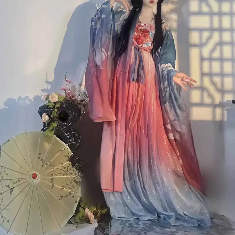 

Chinese Hanfu Dress Women Halloween Carnival Cosplay Costume Tang Dynasty Gradient Pink Blue Hanfu Costume