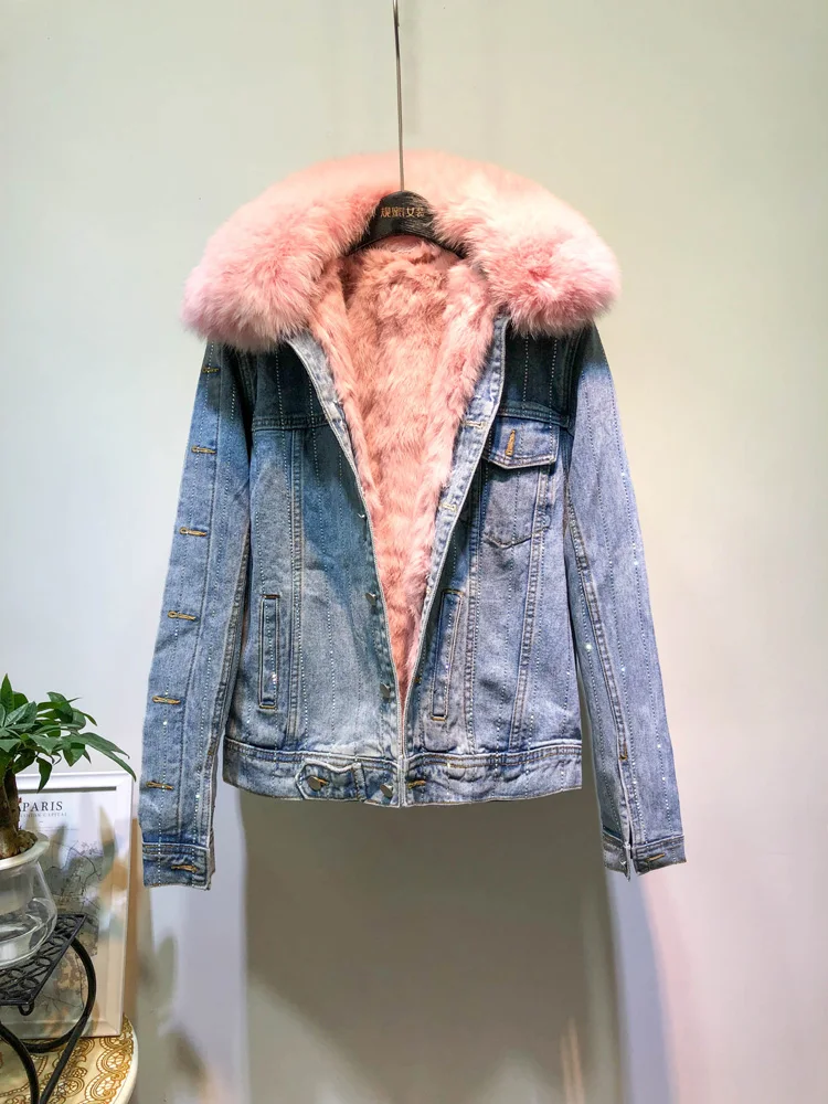 Loose Korean Style Fox Fur Collar Long-Sleeved Denim Jacket for Women 2023 Winter New Fleece-Lined Thickened Wool-Free Parka