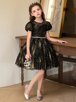 High Quality Starry Sky Dress For Girls Black Short Dress Holiday Party Birthday Fluffy Veil Dress 1