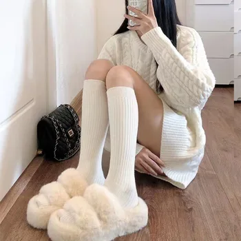 Tempo libero calze alte al ginocchio Calzini lavorati a maglia da donna autunno e inverno tinta unita barra verticale calzini caldi al ginocchio Harajuku Fashion Lolita Socks 1