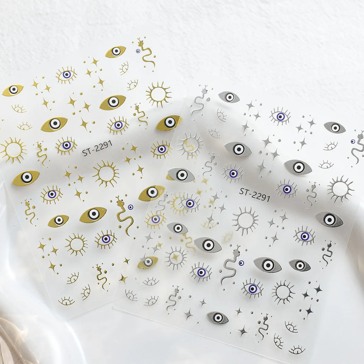 3/6/12 시트 골드 실버 이블 아이 네일 아트 스티커 - DIY 매니큐어용 문 스타 스네이크 신비로운 금속 자체 접착 데칼