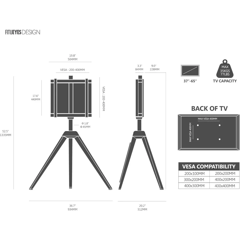 Modern Tripod TV Stand for 32-65 Inch LED LCD Screens with Swivel and Concealed Cable Management