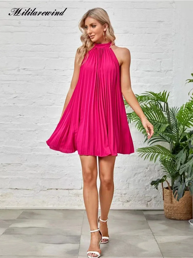 

New Arrival Summer Pleated Dress Women Casual Loose Solid Color Halter Tie Mini Dress Women Clothing Birthday Dress For Women
