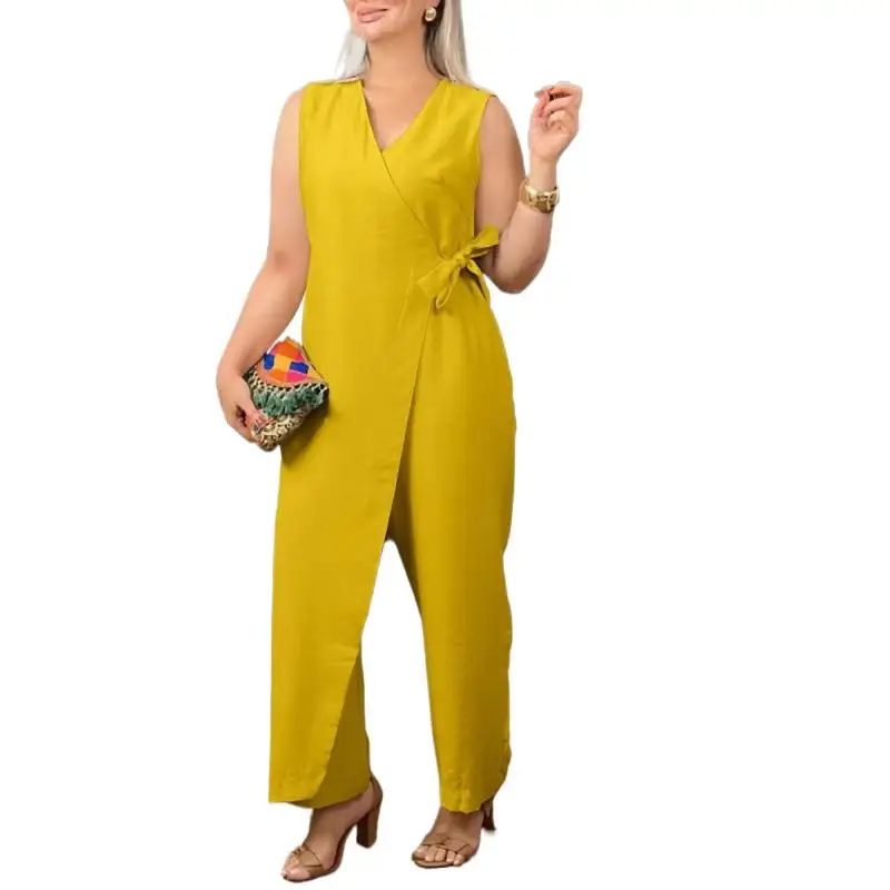 Women Summer Jumpsuits V Neck Sleeveless Wide Leg Loose Overalls