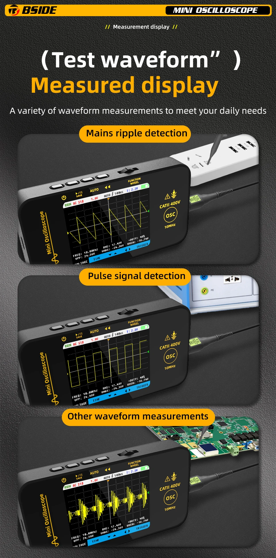 OT3 Handheld Oscilloscope 3.2” TFT LCD Digital Scope Tester, 10MHz/48MSa/s,Potab
