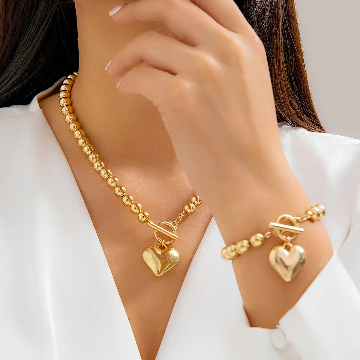 Jewelry Sets 2Pcs Creative Punk Big Love Heart OT Buckle Pendant Choker Necklace Women Vintage CCB Beads Chain Bracelets Grunge