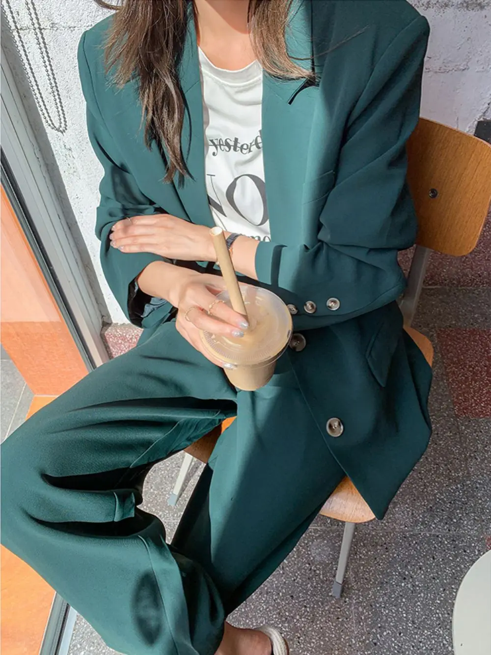 Women's 2023 Fashion New Single Breasted Loose Dark Green Blazer Set Female Jacket+Casual Wide-Leg Pants Suit Outerwear Outfit