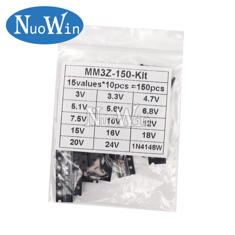 150 шт./лот 0,2 Вт SMD стабилитрон диод Ассорти Комплект SOD-323 0805 3 в-24 в 1N4148 15 значений каждый 10 шт. DIY набор образцов