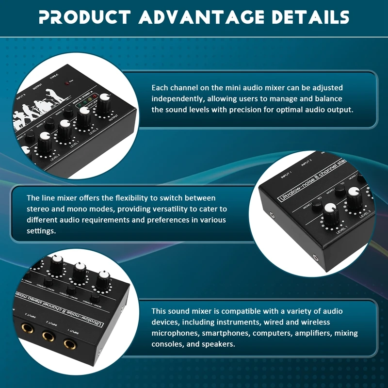Professional 8-Channel Stereo Mixer Portable Sound Audio Mixer With Low-Noise Functionality For Recording Instruments