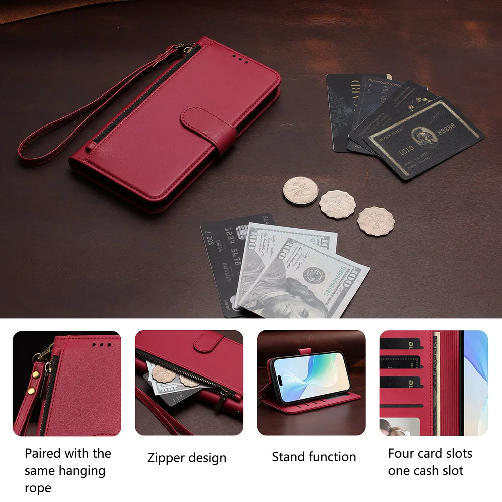 Leather Wallet Crossbody Phone Case with Lanyard Strap and Zipper