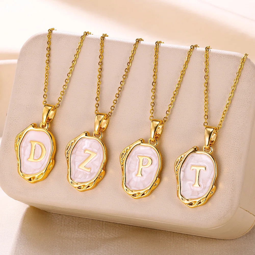Women Jewelry Initial A-Z Letters Pendant Necklace Vintage Oil Dripping Shell