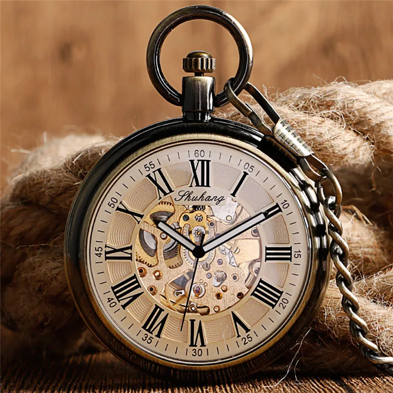 

Steampunk Bronze Men Women Automatic Mechanical Pocket Watch Luminous Hands Roman Numeral Pendant Chain Relogio de bolso Gift