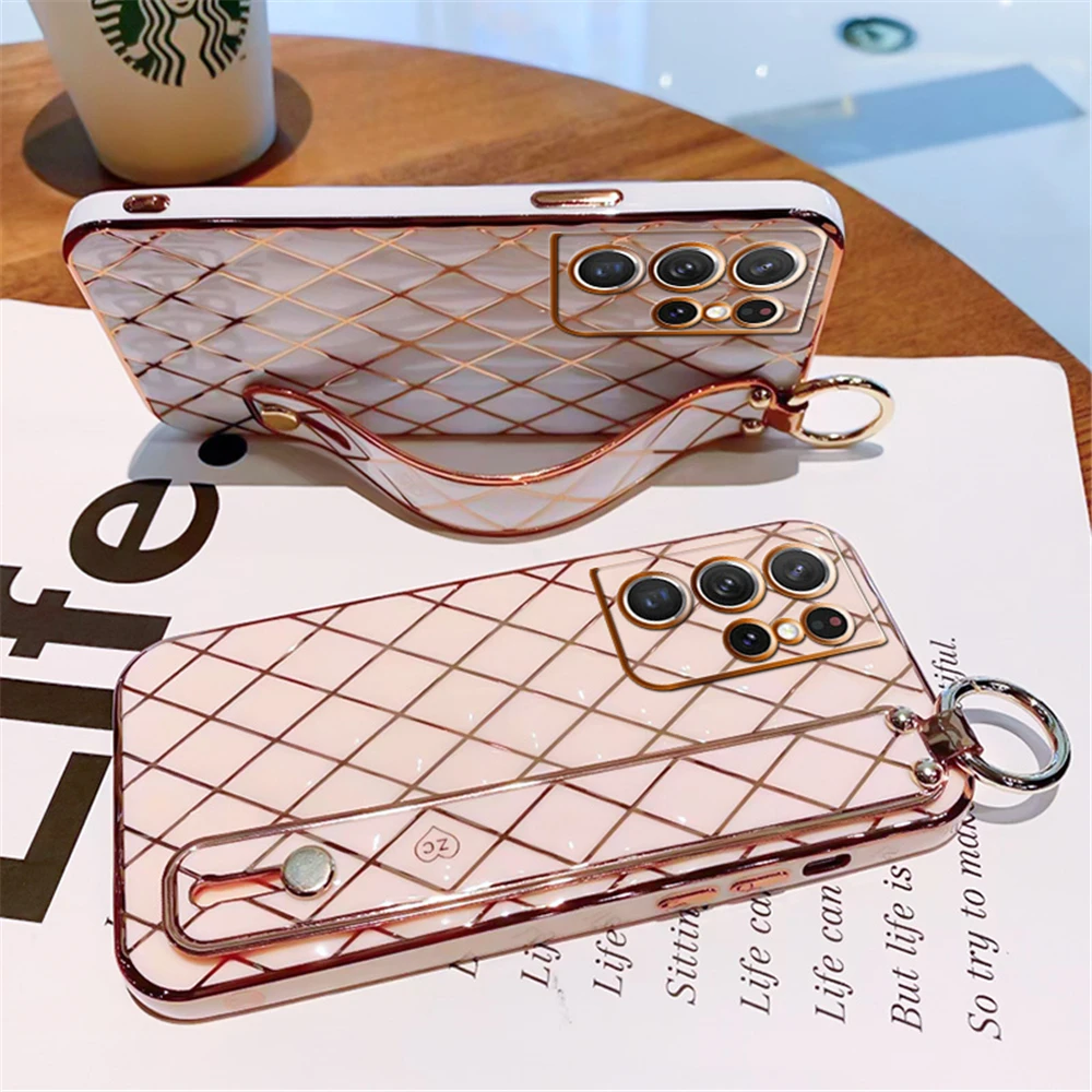 For Samsung A32 A72 A52 A12 S21 Plus Plating Wrist Chain Soft TPU Case Cover