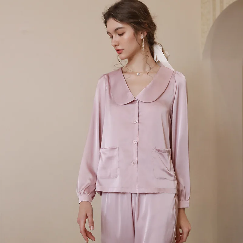 SXTHAENOO New French Fashion Ice Silk Pajamas For Women Retro Loose Long Sleeve Pants Sleepwear Sets ensemble femme 2 pièces