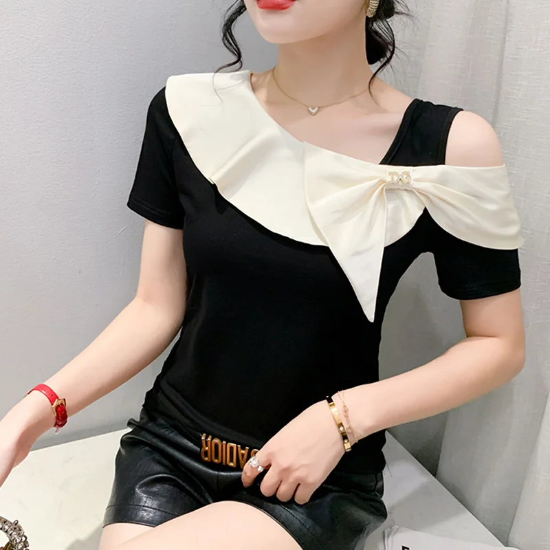 

#6714 Summer Short Sleeve T Shirt Women Black White Green Irregular One Shoulder Skinny T Shirt Female Stretch Cotton Bow Sexy