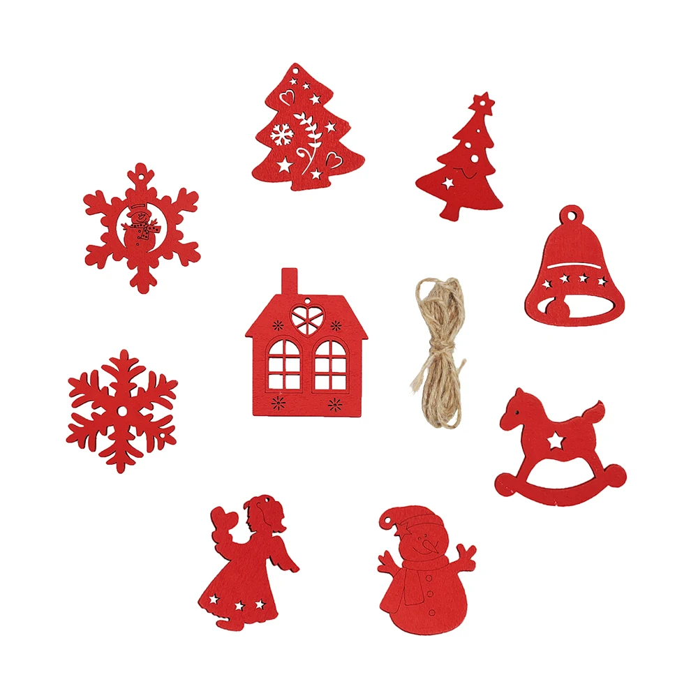 10Pcs Christmas Wooden Chips Slice Christmas Pendant Red White Snowflake Xmax Tree Hanging Pendant Christmas Decorations Crafts