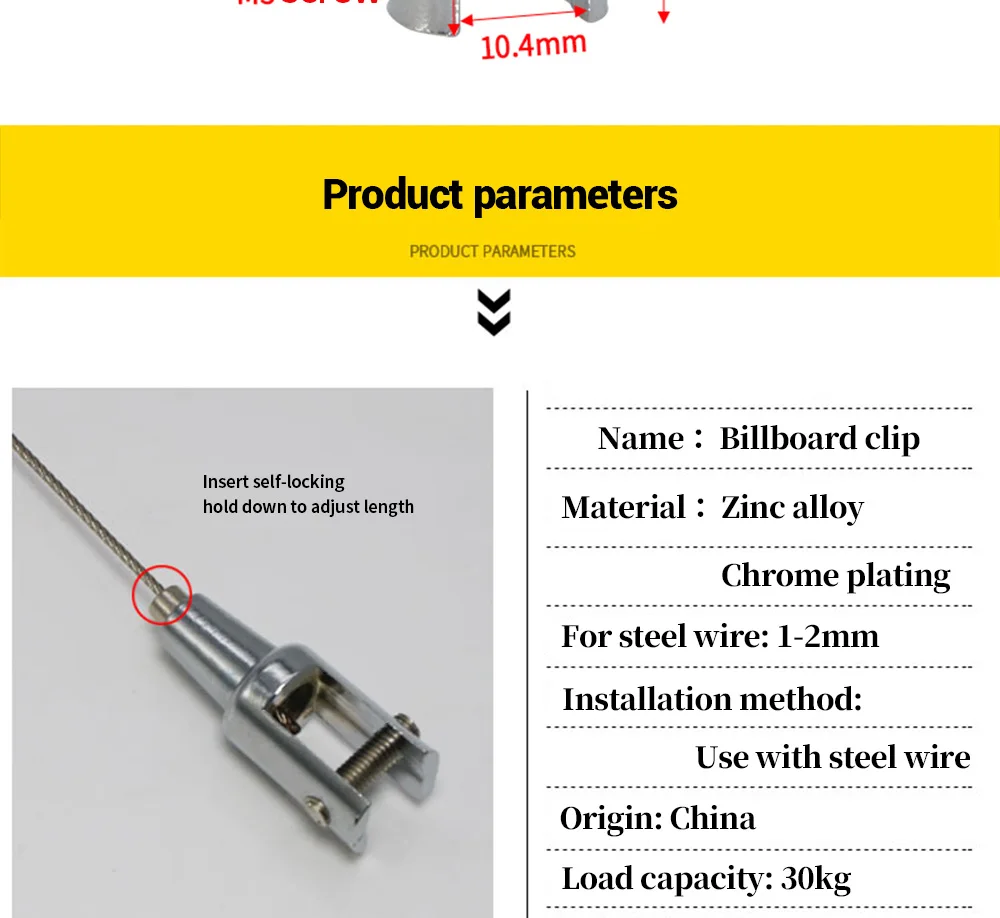 Description Picture 3 of item4Pcs Billboard Clip Glass Hanging Hook Code Acrylic Wood Board Fixing Accessories Screws Adjustable Steel Wire Rope Cable Clamps