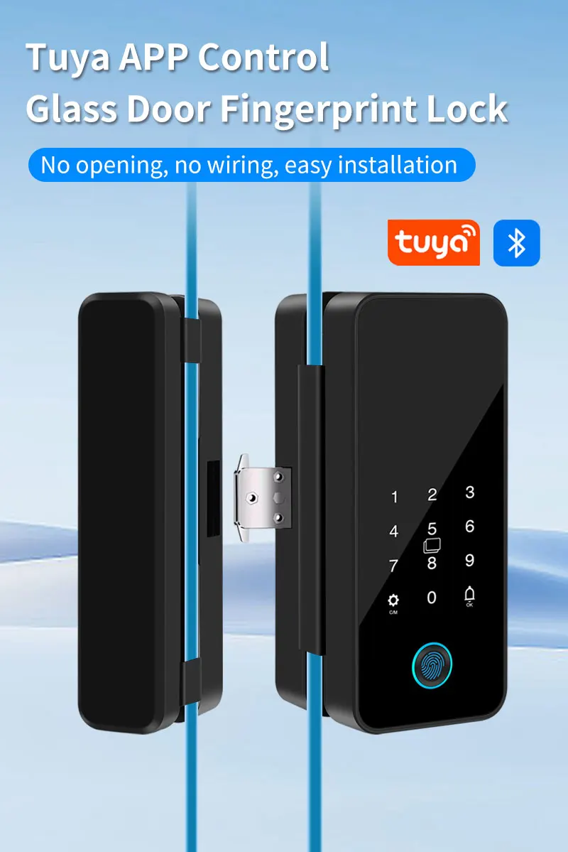 Tuya Bluetooth Biometric Glass Door Smart Lock Fingerprint Password Card Electro