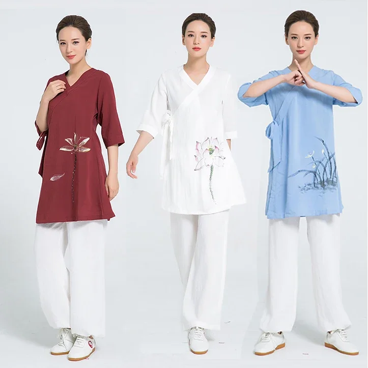 

2018 Linen Kung Fu Clothes Hand Painted Tai Chi Clothing Women Uniform Include Top And Pants 4 Colors Burgundy Blue Violet White