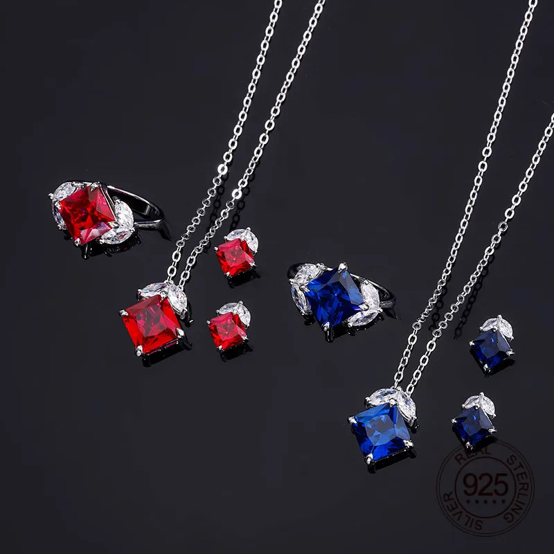 

Diamond Shape Red Ruby Blue Sapphire Cubic Zircon Pendant Necklace Stud Earrings Ring 925 Sterling Silver Jewelry Set