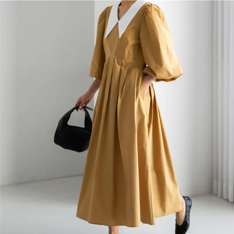 

IHOBBY Women Loose Large Dress lantern sleeve Doll Collar College Style Girls Long Party Dresses