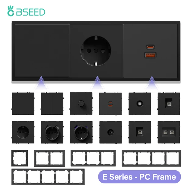 BSEED EU Standard Plastic Frames Mechanical Button Switches 1/2Way Power Sockets With USB Type-c ST/TV/CAT6 DIY Function Parts