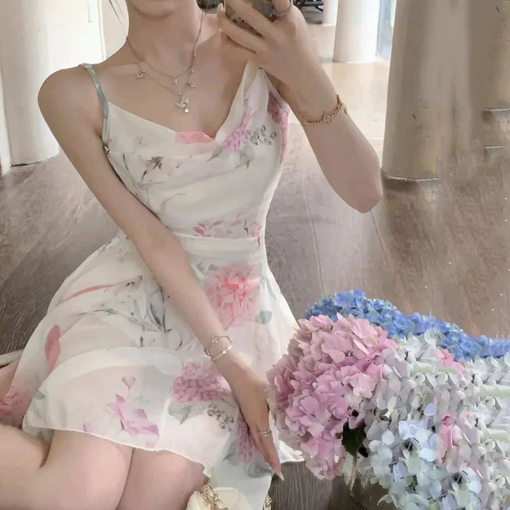 

Sexy Sleeveless Dress Women Floral Print Swinging Collar French Style Chic Dresses Summer Elegant Sweet Dress Lady Backless Robe