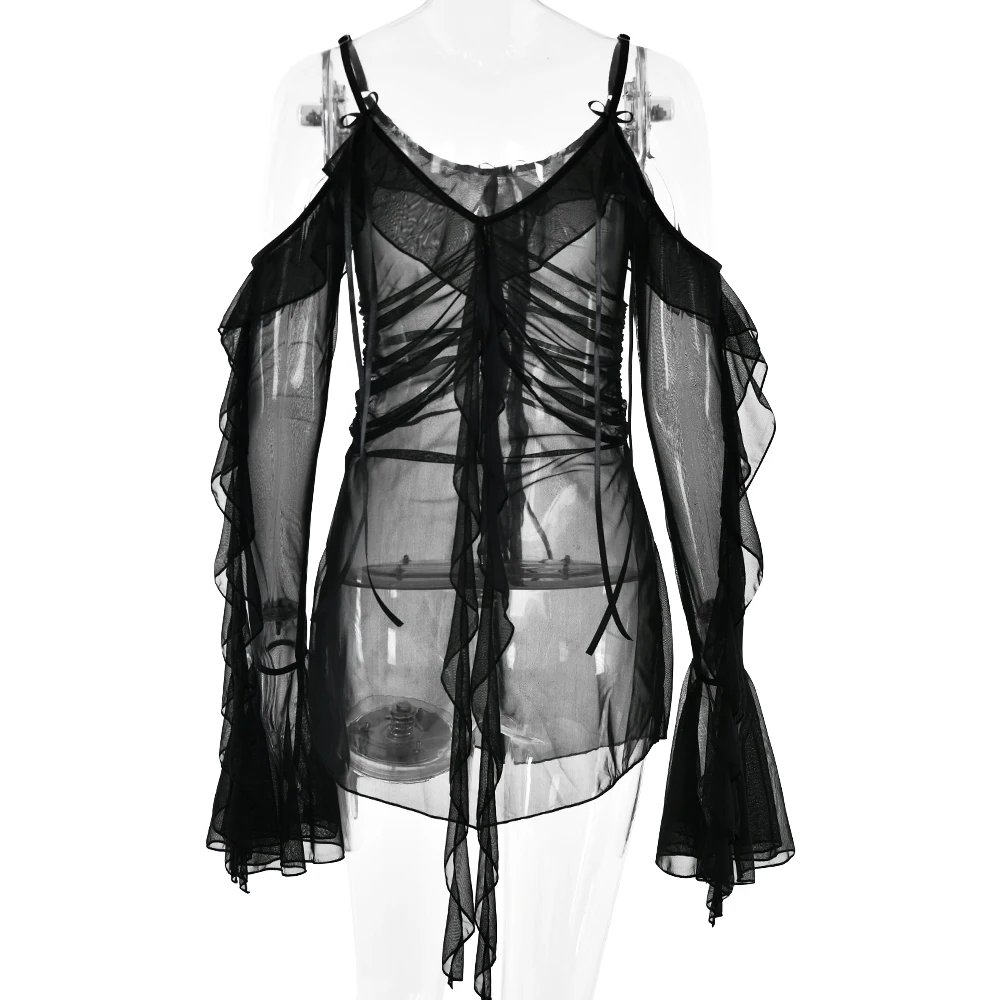 JULISSA MO Sexy See Through Mesh Women Dress Black Long Sleeve Spaghetti Strap Dress Female Summer Skinny Elegant Beachwear 2025