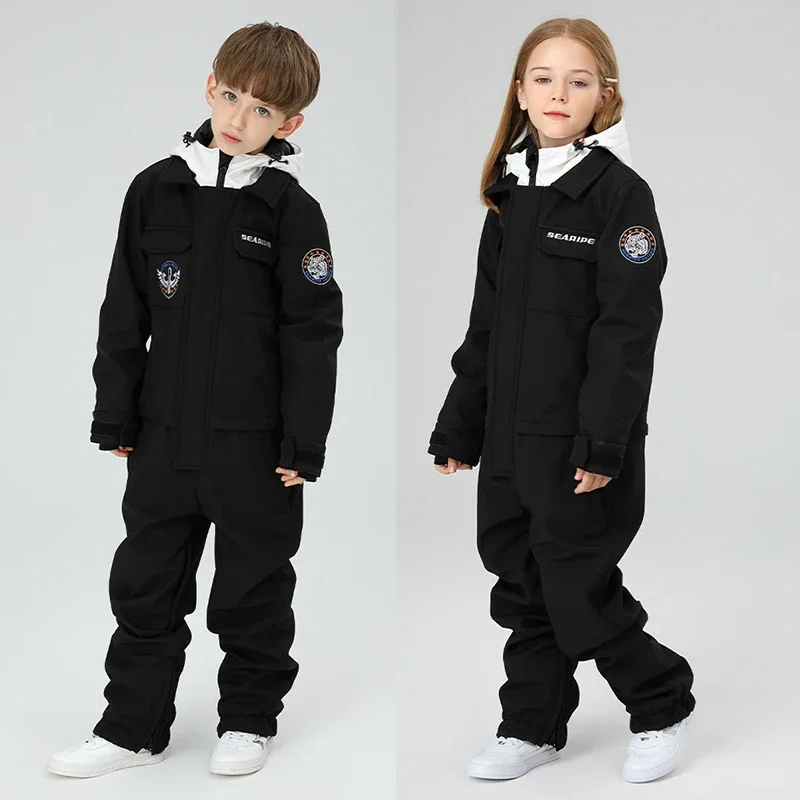 Winter Ski Suit Girls Hooded Windproof Sport Kids Snow Overalls One Piece Outdoor Children Boy Snowboard Pants Costume Clothes